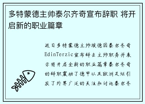 多特蒙德主帅泰尔齐奇宣布辞职 将开启新的职业篇章 多特蒙德主帅泰尔齐奇宣布辞职 将开启新的职业篇章