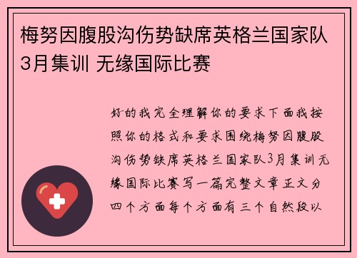 梅努因腹股沟伤势缺席英格兰国家队3月集训 无缘国际比赛