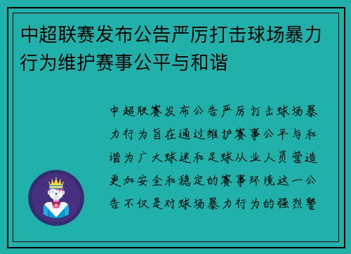 中超联赛发布公告严厉打击球场暴力行为维护赛事公平与和谐